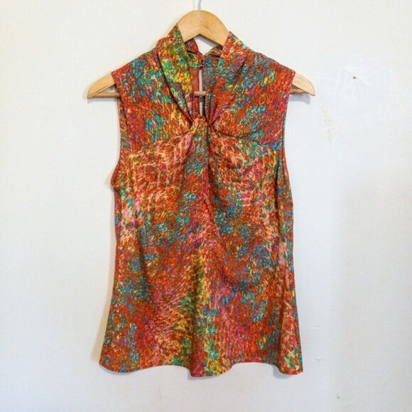 Anne Klein Twist Front Sleeveless Blouse-Medium-Watercolor Pattern-Keyhole Back - Picture 1 of 9